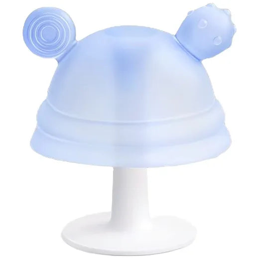 Blue dome-shaped silicone baby teether option A with textured tabs, white stem and round base