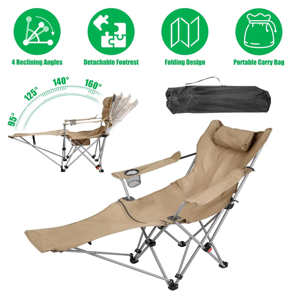 Reclining Camping Chair With Footrest 4-Position Adjustable Outdoor Folding Chair Heavy Duty Portable Camping Lounge Chair With Headrest Cup Holder & Side Pocket For Outdoor Beach Patio Travel