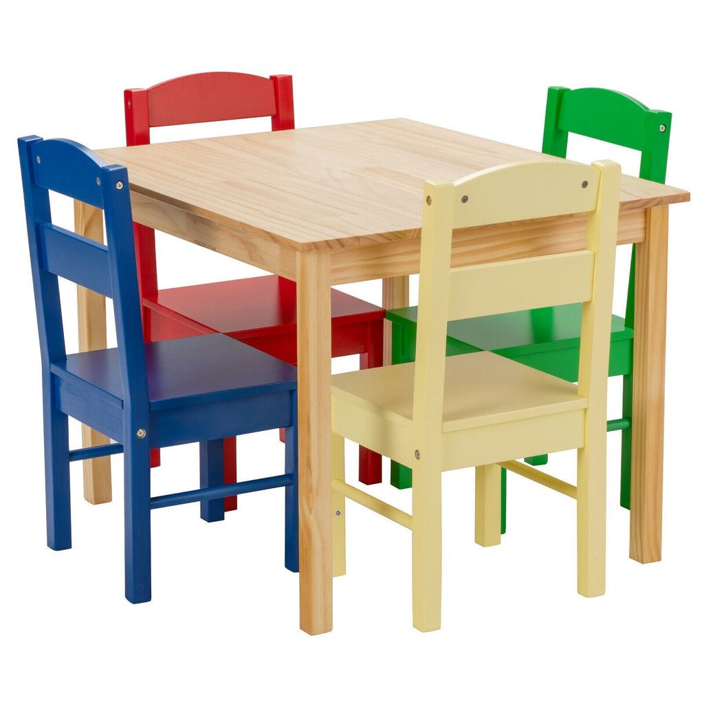 5 Pcs Kids Pine Wood Multicolor Table Chair Set