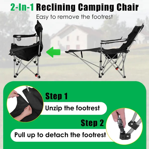Reclining Camping Chair With Footrest 4-Position Adjustable Outdoor Folding Chair Heavy Duty Portable Camping Lounge Chair With Headrest Cup Holder & Side Pocket For Outdoor Beach Patio Travel