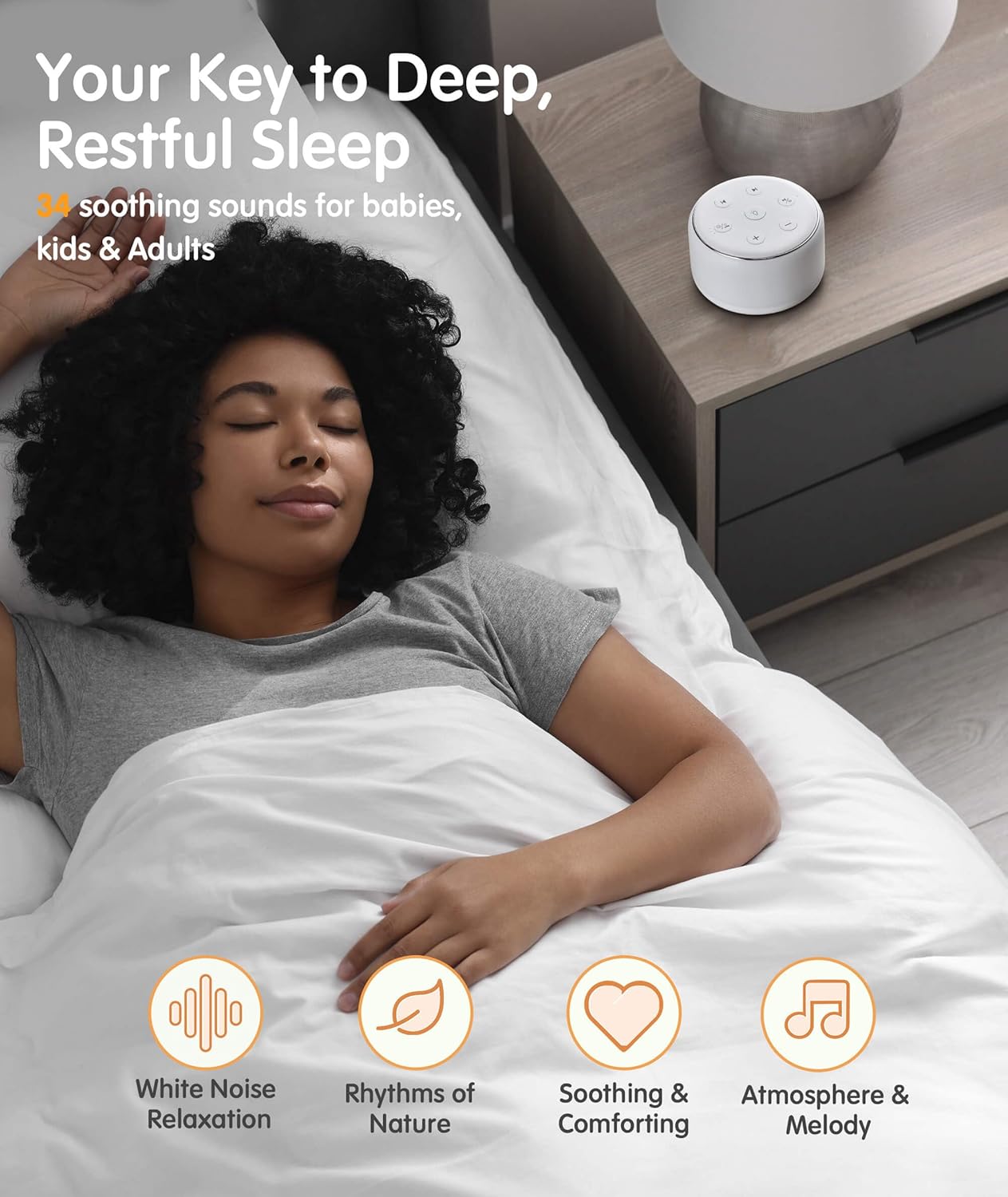34 Soothing Sounds, Rechargeable White Noise Machine for Kids Adults