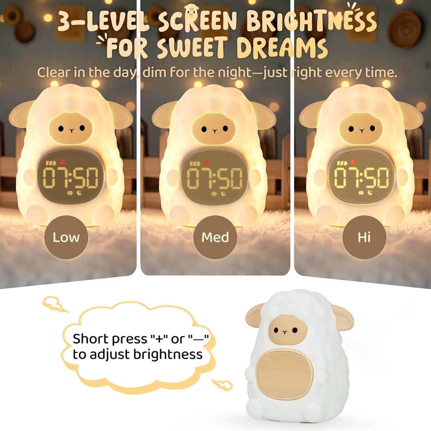 Sheep Alarm Clock with Night Light for Kids with Sleep Training and Sound Machine