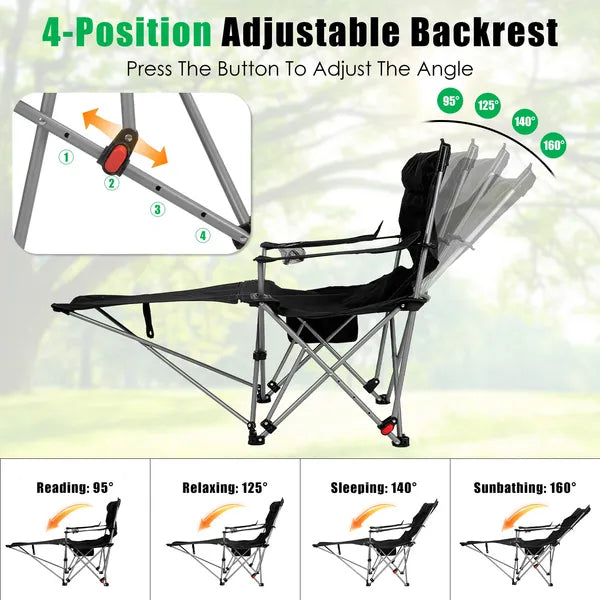 Reclining Camping Chair With Footrest 4-Position Adjustable Outdoor Folding Chair Heavy Duty Portable Camping Lounge Chair With Headrest Cup Holder & Side Pocket For Outdoor Beach Patio Travel