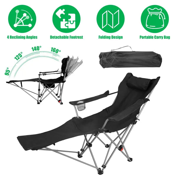 Reclining Camping Chair With Footrest 4-Position Adjustable Outdoor Folding Chair Heavy Duty Portable Camping Lounge Chair With Headrest Cup Holder & Side Pocket For Outdoor Beach Patio Travel