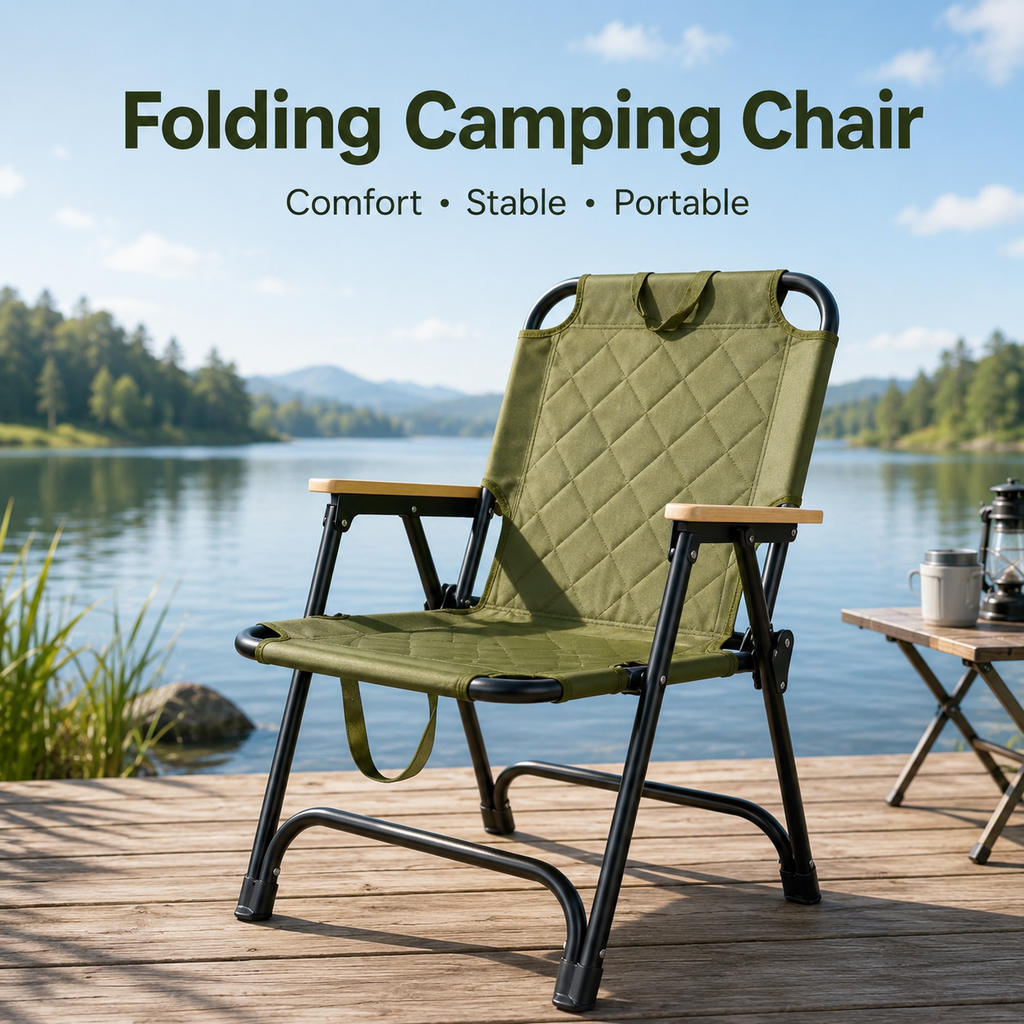 Heavy-Duty Foldable Camping Chair with Wooden Armrests, Reinforced Steel Frame, 600D Oxford Fabric and Carry Handle for Beach, Fishing, Picnic and Outdoor Travel