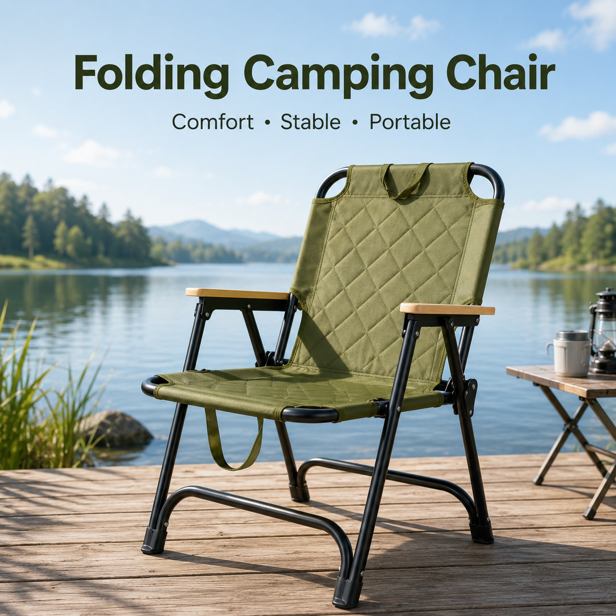 Heavy-Duty Foldable Camping Chair with Wooden Armrests, Reinforced Steel Frame, 600D Oxford Fabric and Carry Handle for Beach, Fishing, Picnic and Outdoor Travel