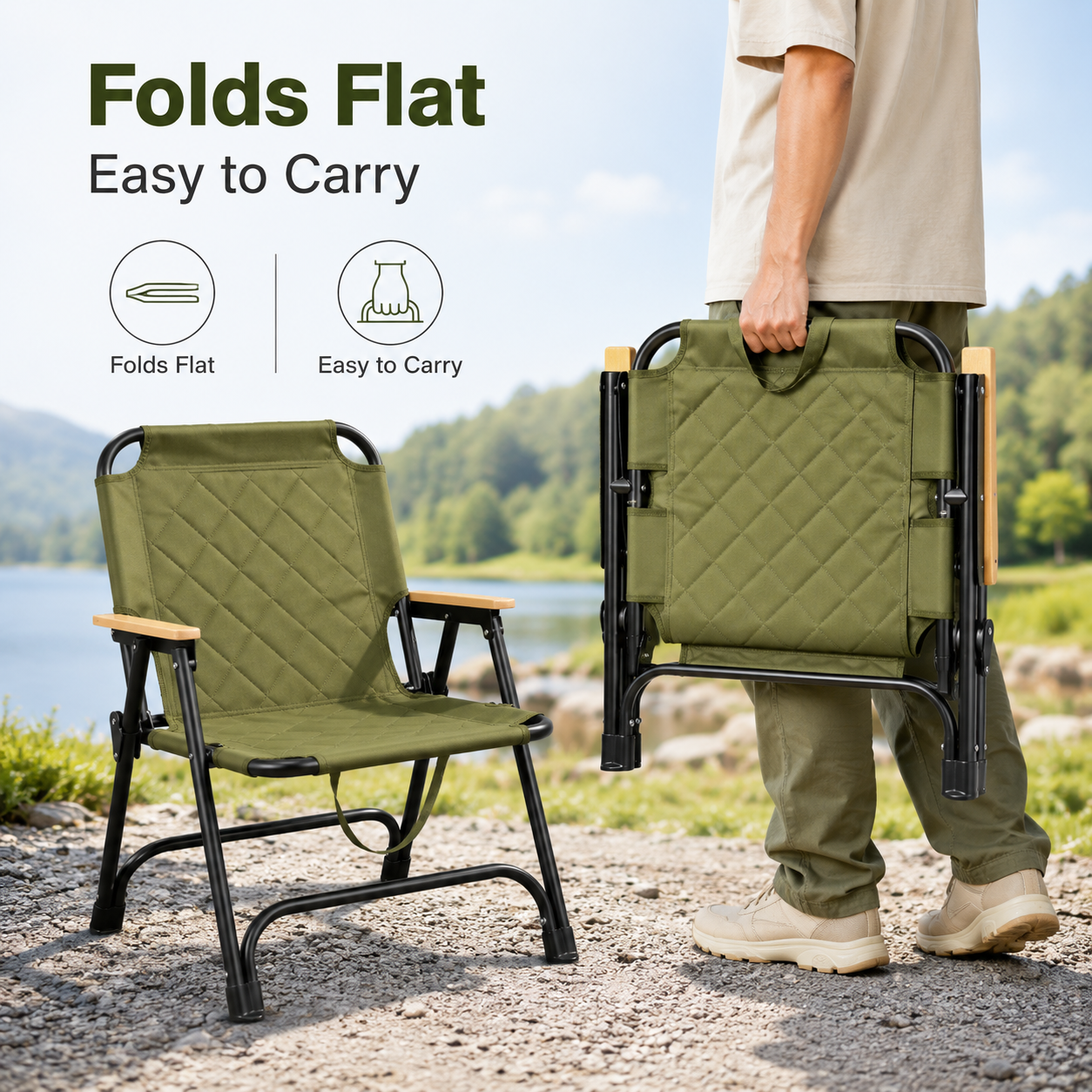 Heavy-Duty Foldable Camping Chair with Wooden Armrests, Reinforced Steel Frame, 600D Oxford Fabric and Carry Handle for Beach, Fishing, Picnic and Outdoor Travel