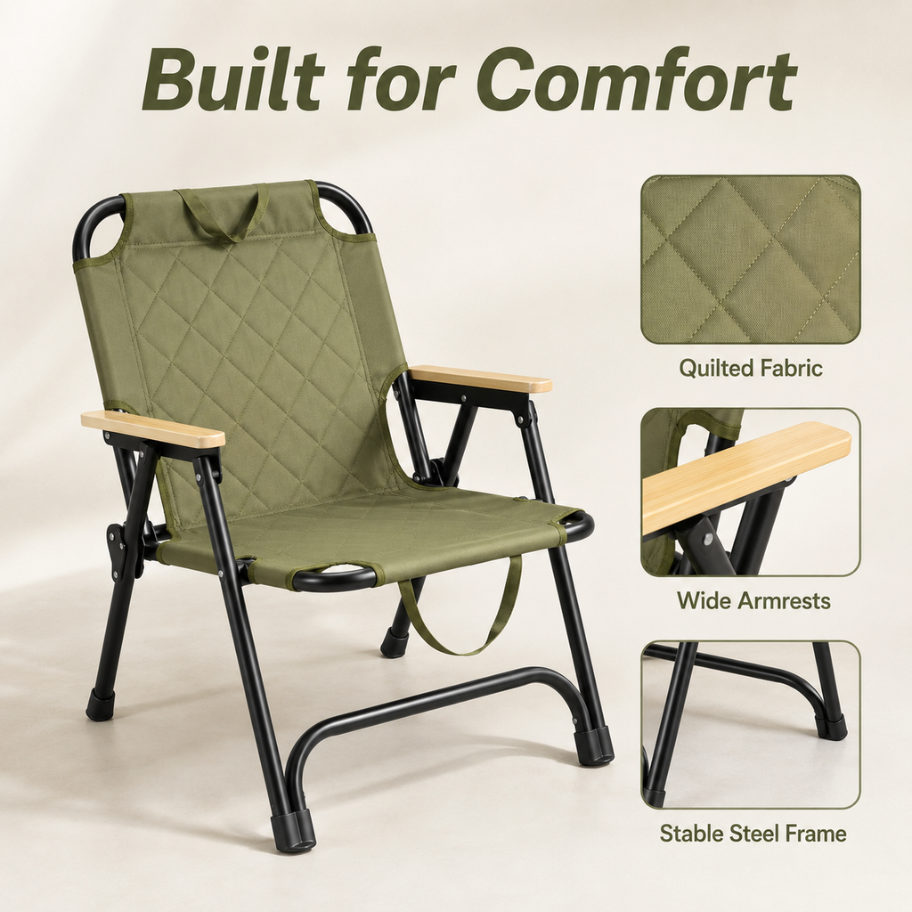 Heavy-Duty Foldable Camping Chair with Wooden Armrests, Reinforced Steel Frame, 600D Oxford Fabric and Carry Handle for Beach, Fishing, Picnic and Outdoor Travel