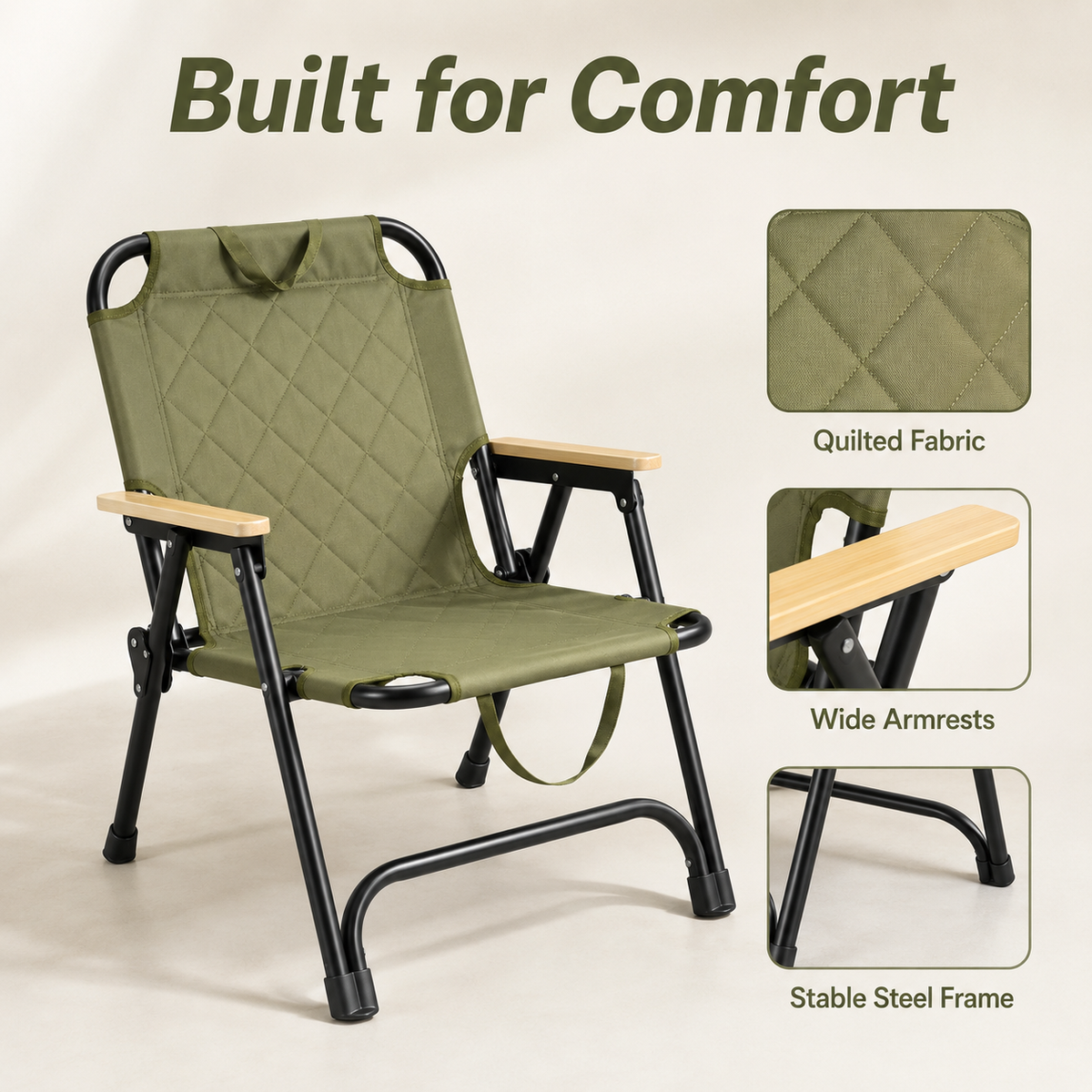 Foldable Camping Chair Wooden Armrests Reinforced product detail
