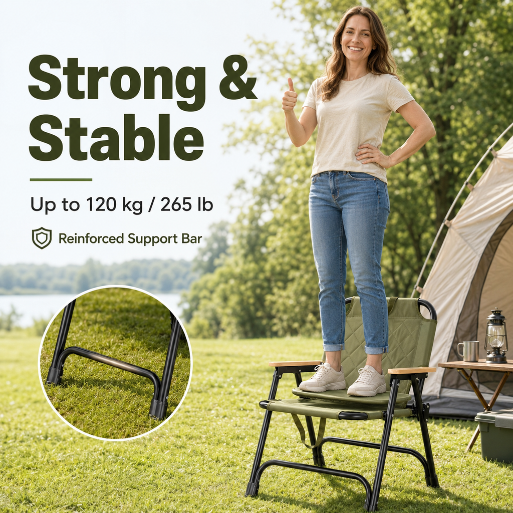 Heavy-Duty Foldable Camping Chair with Wooden Armrests, Reinforced Steel Frame, 600D Oxford Fabric and Carry Handle for Beach, Fishing, Picnic and Outdoor Travel