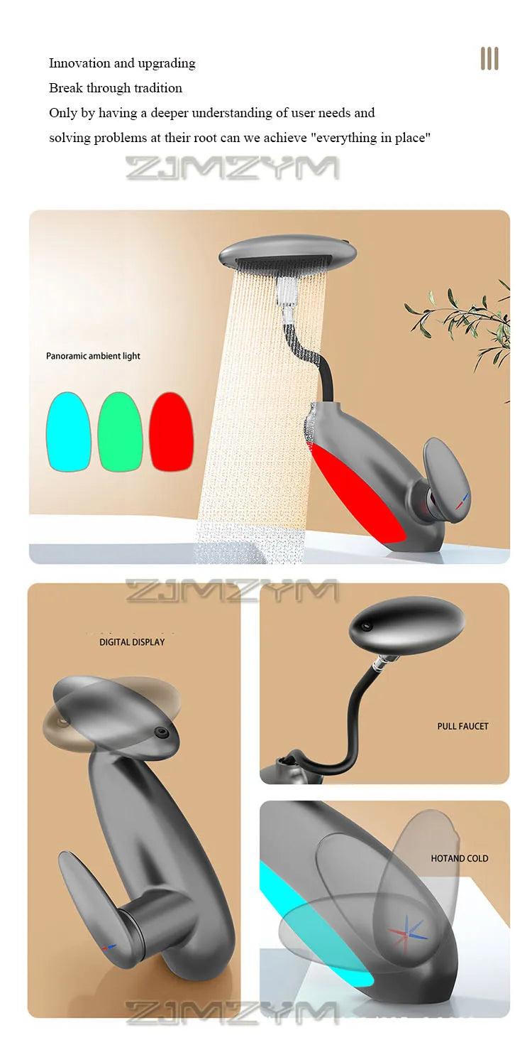 4Modes Outlet LED Basin Faucet 360° Rotatable Pulled Out Tap Temperature Sensitive Sink Faucets Drip-proof Hot Cold Switch Mixer