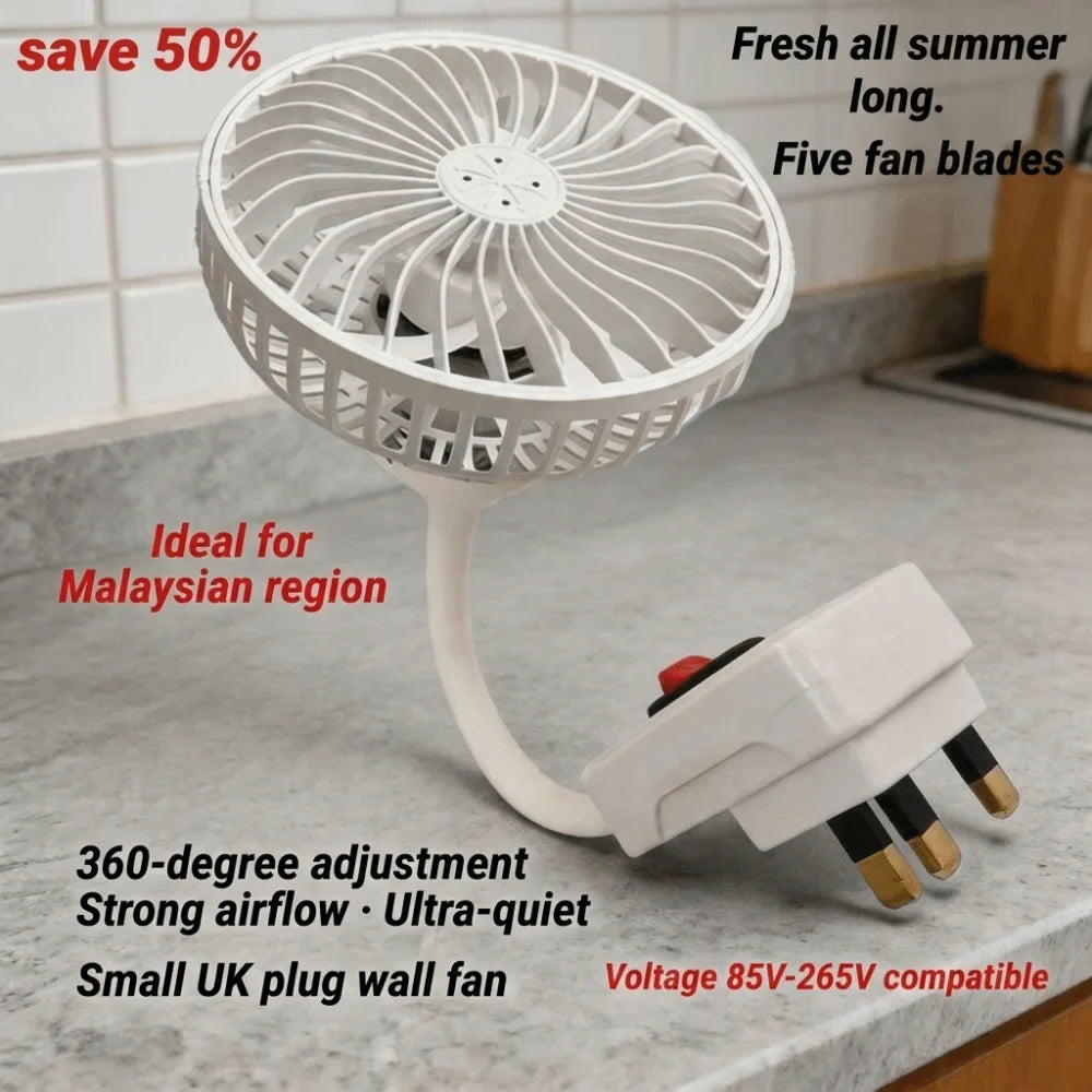 360 Rotatable Socket Fan Low Noise Energy Saving UK Plug Fan EU Plug with Safety Cover Wall Socket Fan for Kitchen Bathroom Dorm