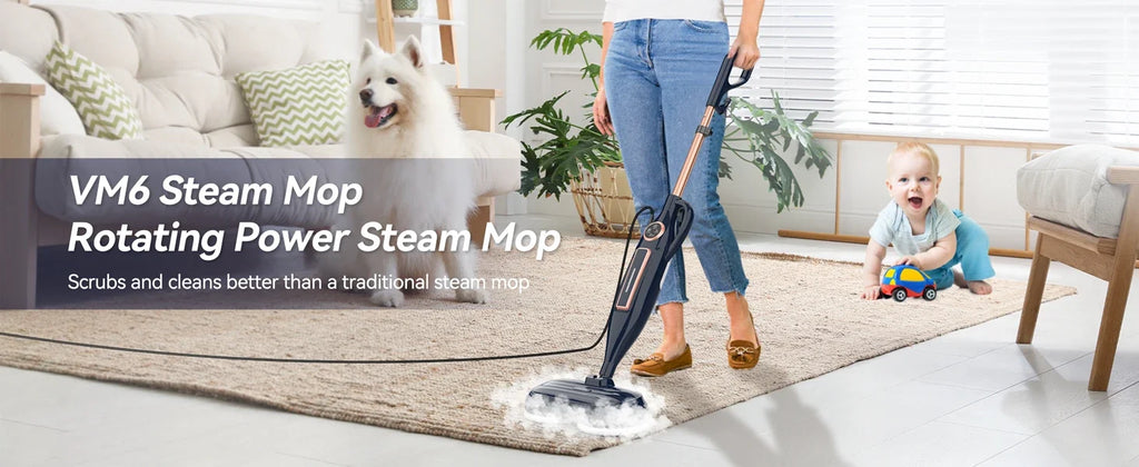 VM6 Steam Mop Cleaner with Rotating Mop Pads 1300W Powerful Floor Steamer 10 in 1 Lightweight Spin Mop High Temperature with Steam Blaster Technology LED Headlights for Home Hardwood Marble Floors
