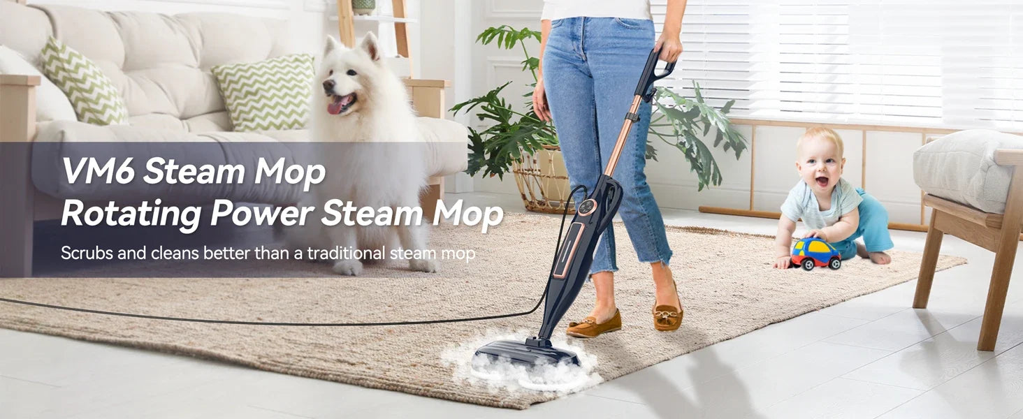 VM6 Steam Mop Cleaner with Rotating Mop Pads 1300W Powerful Floor Steamer 10 in 1 Lightweight Spin Mop High Temperature with Steam Blaster Technology LED Headlights for Home Hardwood Marble Floors