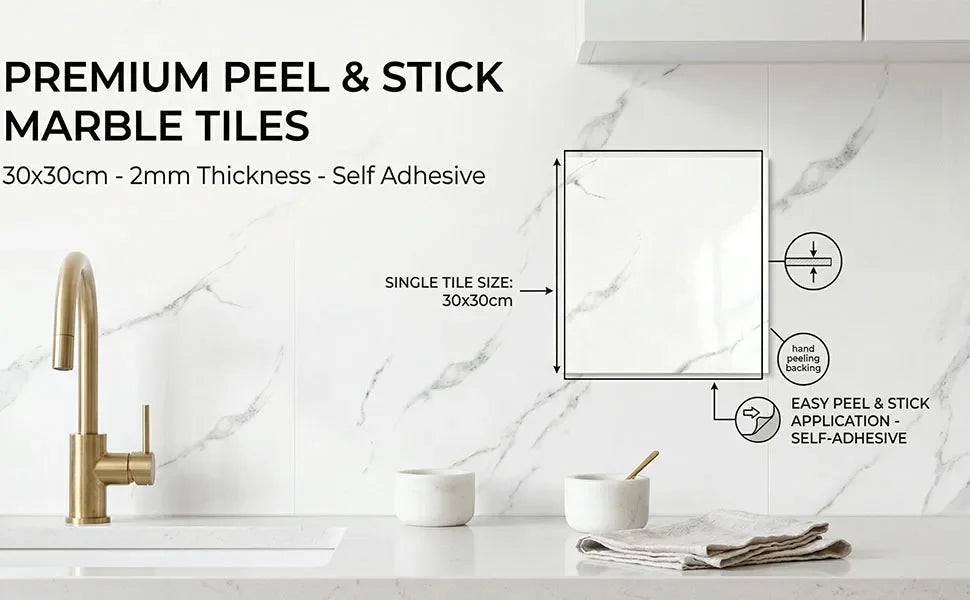 10/20pcs Peel and Stick Backsplash Tiles White Marble Wall Tiles Self Adhesive Wall Stick on Backsplash for Kitchen Bathroom