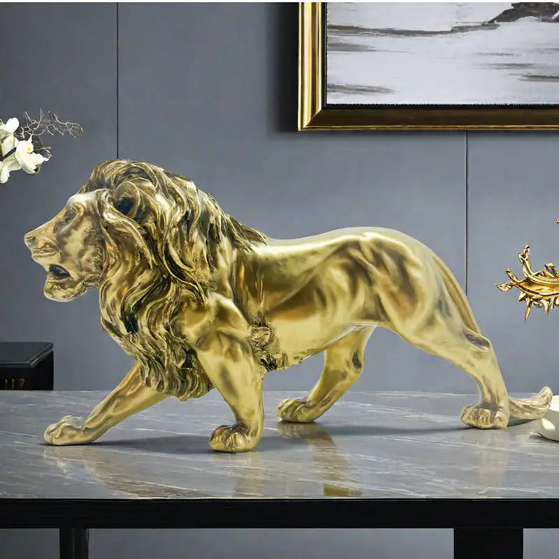 Resin Lion Golden Statue Table Art Decor Vintage Bronze Animal Figurine and Sculpture Craft Desk Home Decorations Nordic Style