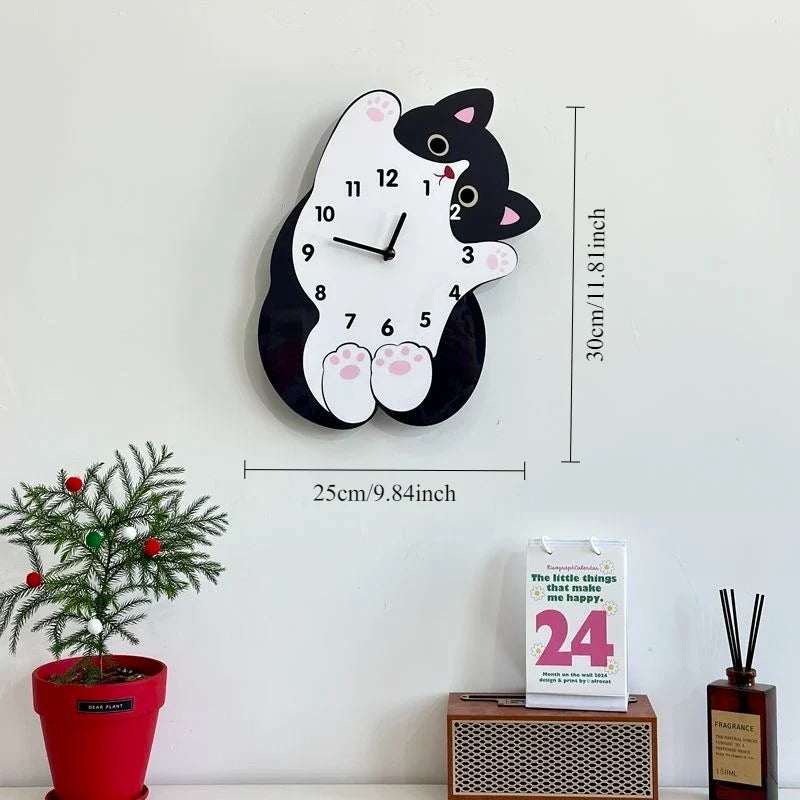 Cute Cat Tail Swaying Wall Clock Cartoon Silent Clock, Home Decoration Living Room Creative Clock Hanging on The Wall