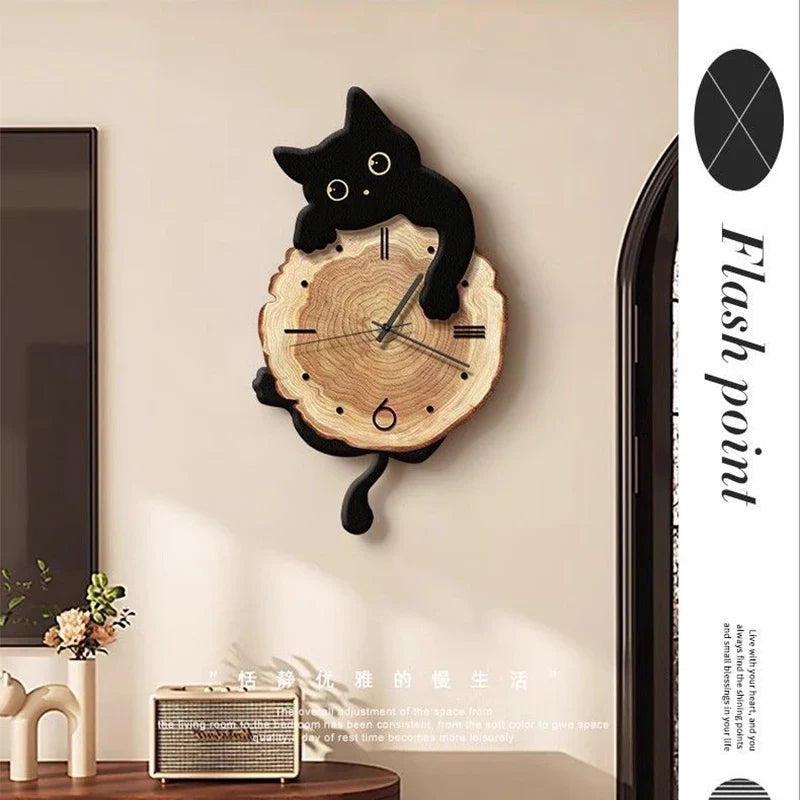 Cartoon Cat Wall Clock Creative Cat Tail Swing Wall Clock Quartz Mute Wall Clock Home Decoration Living Room Bedroom Decoration