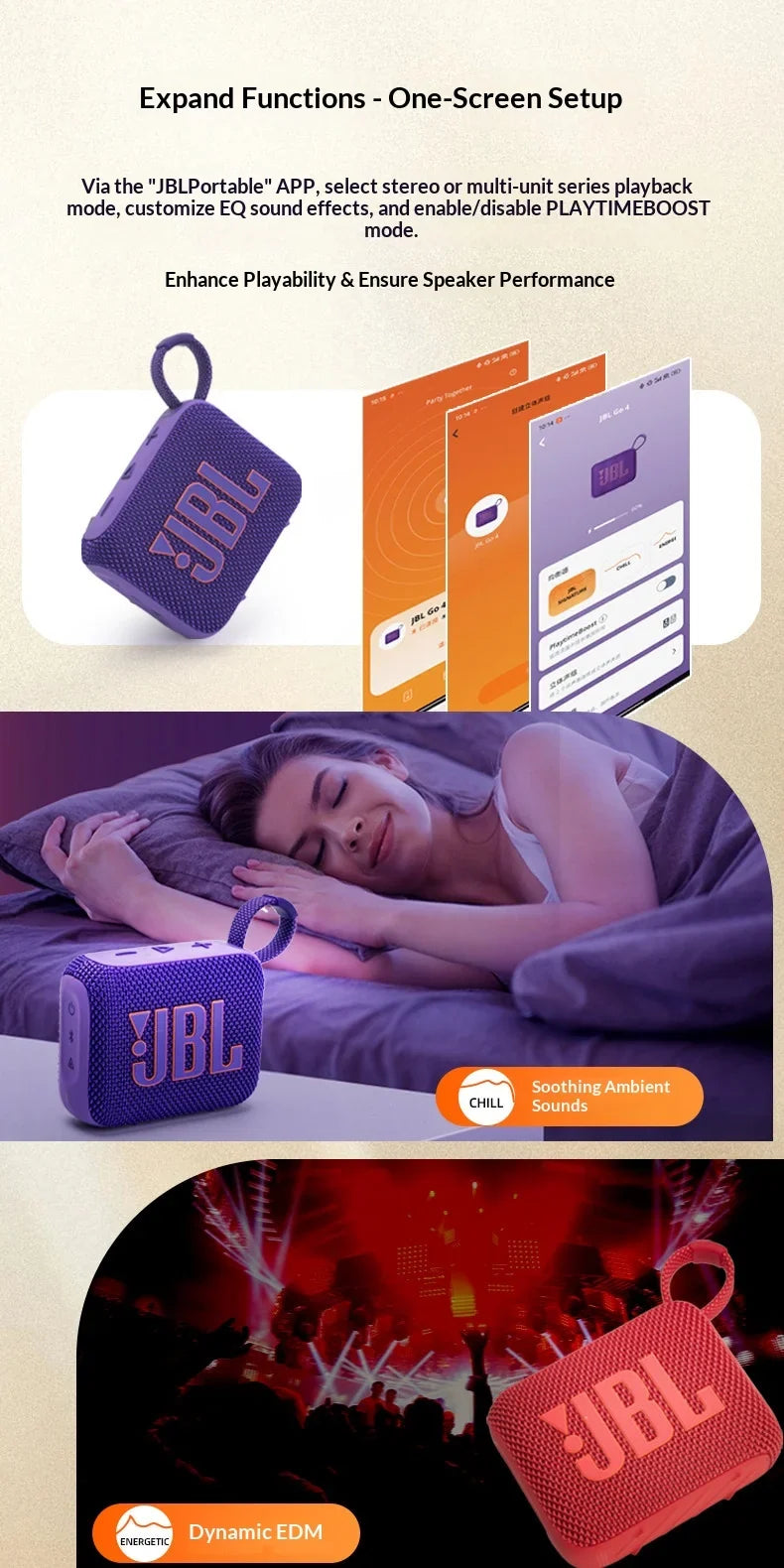 JBL Go 4 Compact large-volume audio system with low power consumption operation and full-device compatibility