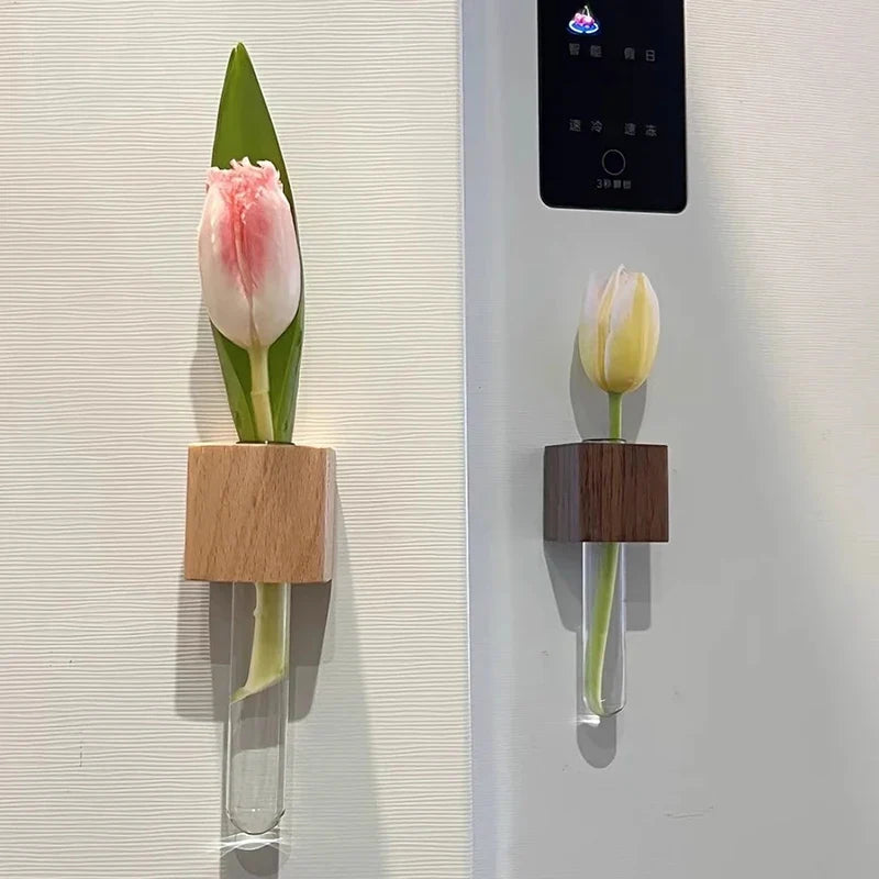 1/2pcs Wooden Magnetic Test Tube Vase Refrigerator Magnet DIY Flower Arrangement Simulation Flower Vase Home Kitchen Decoration