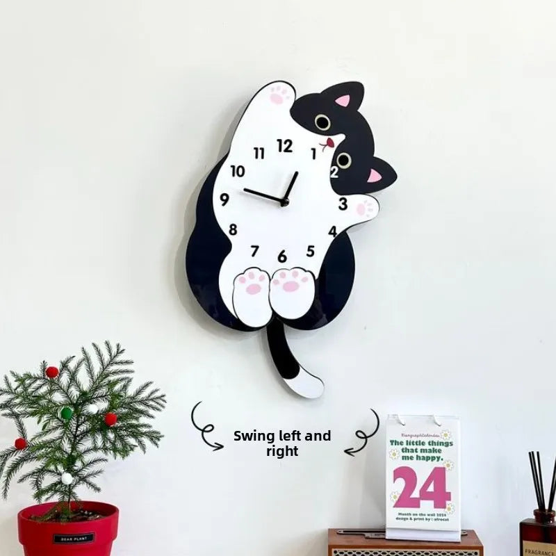 Cute Cat Tail Swaying Wall Clock Cartoon Silent Clock, Home Decoration Living Room Creative Clock Hanging on The Wall