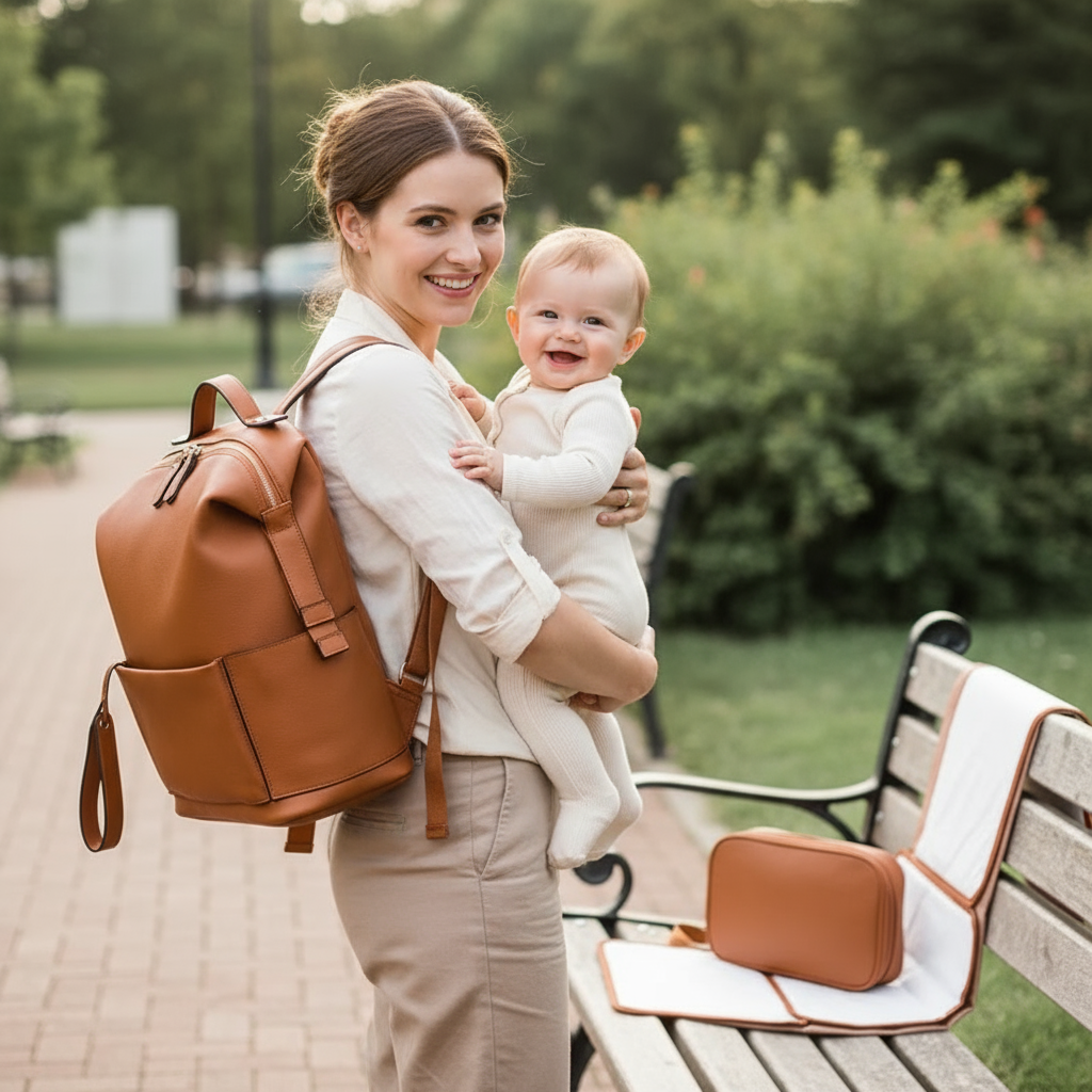 Chic Large Vegan Leather Diaper Bag with Changing Pad