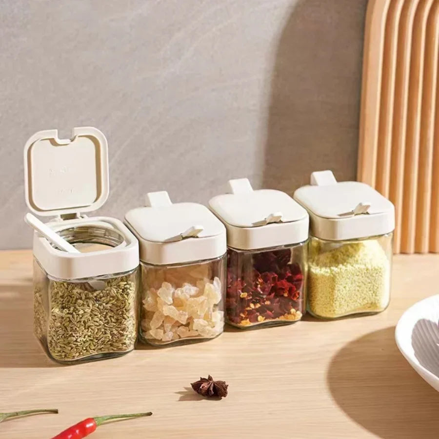 1pc Glass Seasoning Jar with Spoon Sugar Bowl Salt Shaker Pepper Spices Container Kitchen Tools Supplies Storage Spice Boxes