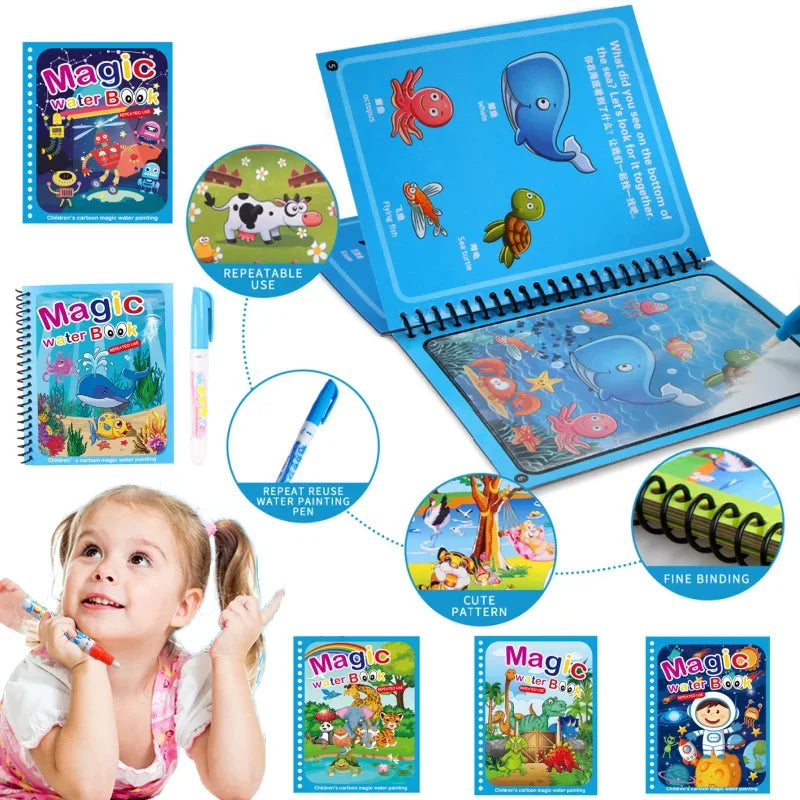 Magic Water Book with Pen Children Learning  Education Toy Baby Montessori Toys Drawing Coloring Books for Kids 2 To 4 Years Old