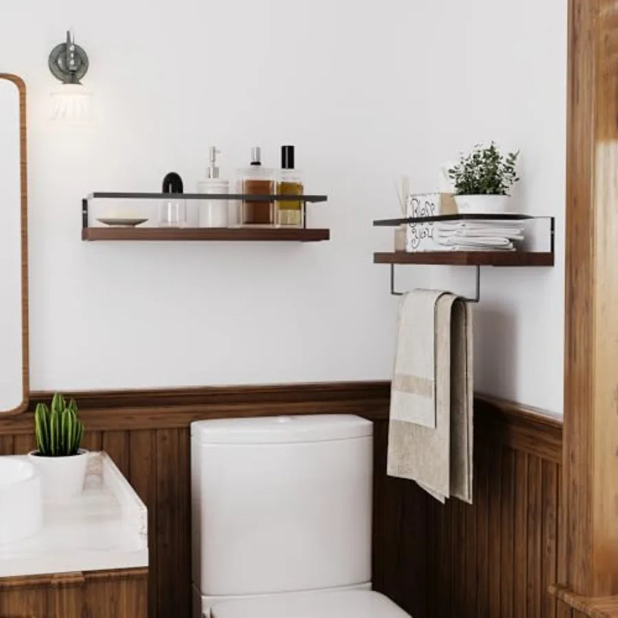 Wood Floating Shelves Wall Mounted - 2+1 Tier Rustic Bathroom Wall Shelves Over Toilet with Towel Bar, Set of 2 Farmhouse Float