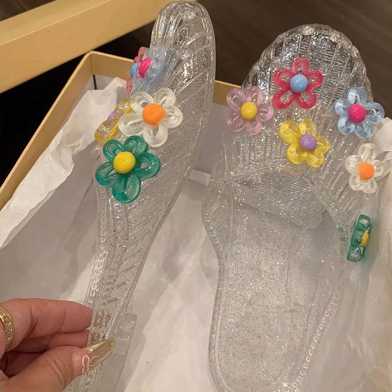 Sweet Fairy Style Butterfly Knot Slip-On Crystal Flower Head Flat Bottom Sandals Women's Summer Fashion Beaded Casual Sandals