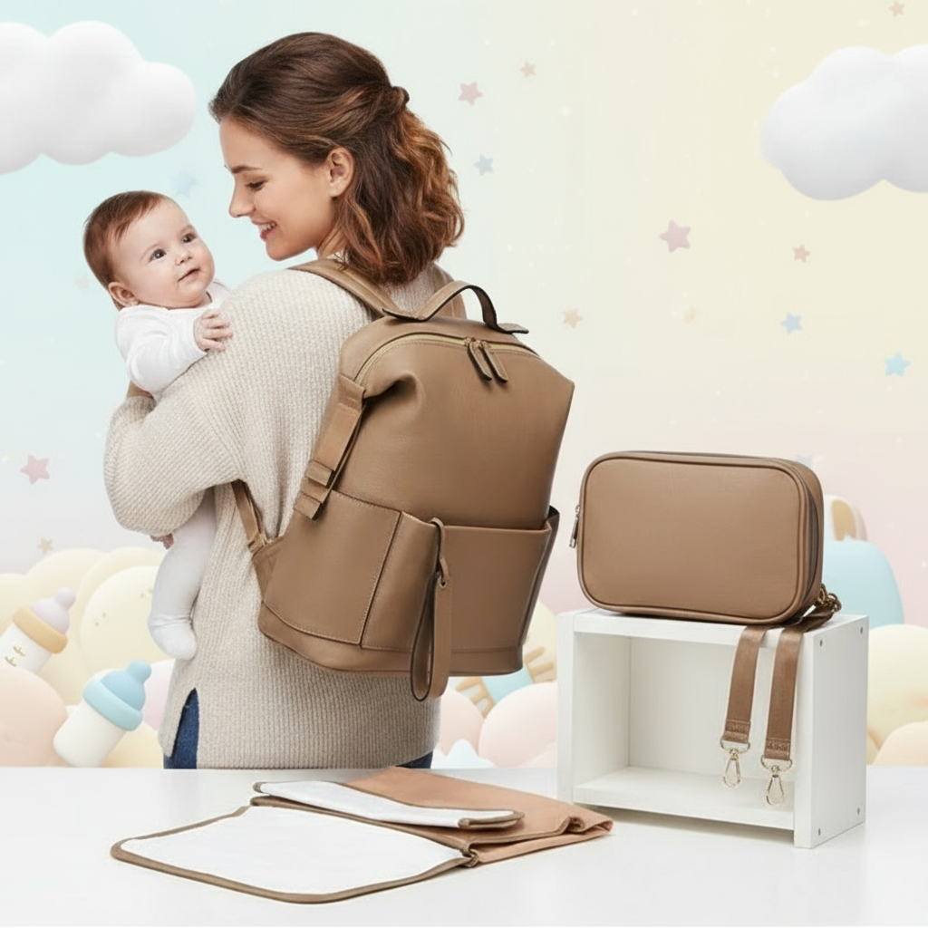 Chic Large Vegan Leather Diaper Bag with Changing Pad