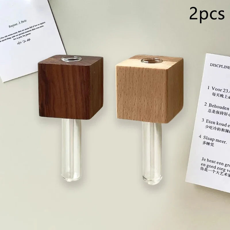1/2pcs Wooden Magnetic Test Tube Vase Refrigerator Magnet DIY Flower Arrangement Simulation Flower Vase Home Kitchen Decoration