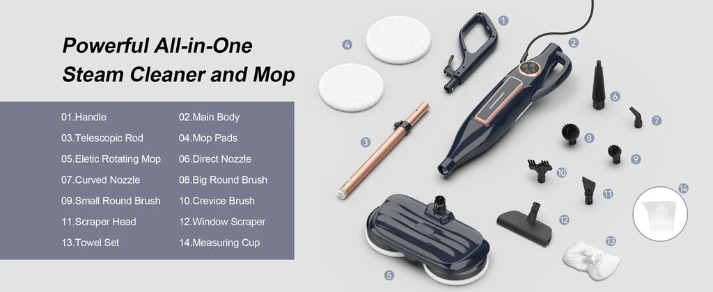 VM6 Steam Mop Cleaner with Rotating Mop Pads 1300W Powerful Floor Steamer 10 in 1 Lightweight Spin Mop High Temperature with Steam Blaster Technology LED Headlights for Home Hardwood Marble Floors