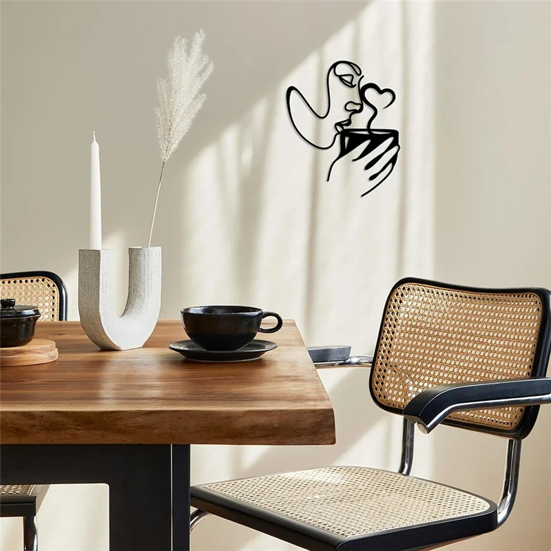 ABRE-Metal Coffee Wall Art Decor,Minimalist Women Drink Coffee Shape Wall Art, Modern Abstract Line Drawing Coffee Sculptures Du