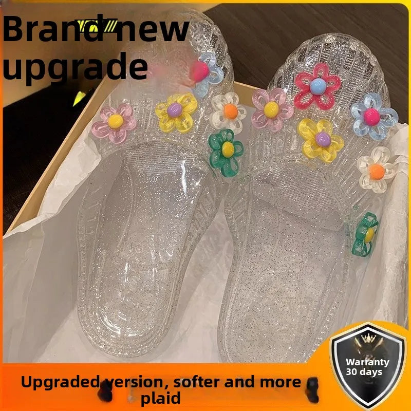 Sweet Fairy Style Butterfly Knot Slip-On Crystal Flower Head Flat Bottom Sandals Women's Summer Fashion Beaded Casual Sandals