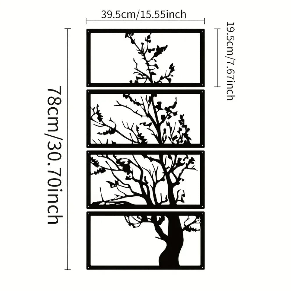 4pcs Art Deco Black Metal Wall Decor, Tree of Life Silhouette Hanging Artwork, Indoor Home Decorations for Living Room