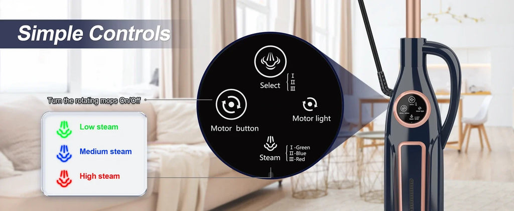 VM6 Steam Mop Cleaner with Rotating Mop Pads 1300W Powerful Floor Steamer 10 in 1 Lightweight Spin Mop High Temperature with Steam Blaster Technology LED Headlights for Home Hardwood Marble Floors