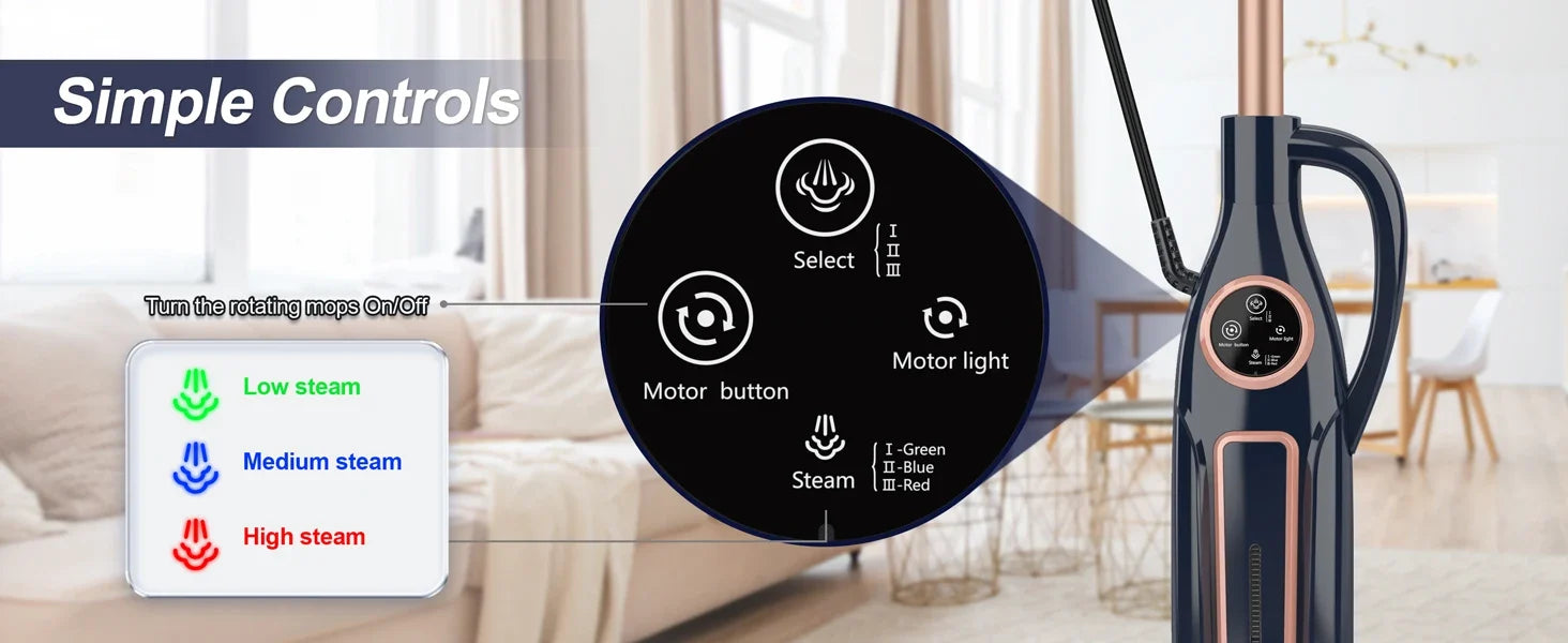 VM6 Steam Mop Cleaner with Rotating Mop Pads 1300W Powerful Floor Steamer 10 in 1 Lightweight Spin Mop High Temperature with Steam Blaster Technology LED Headlights for Home Hardwood Marble Floors