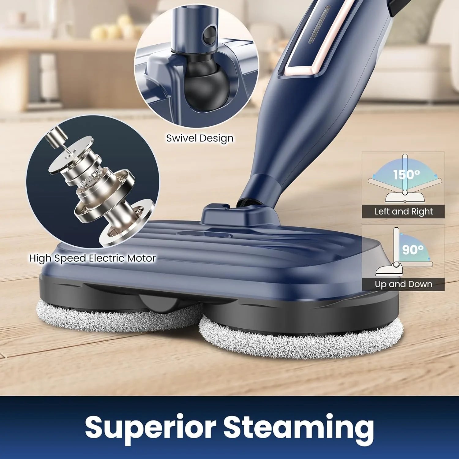 VM6 Steam Mop Cleaner with Rotating Mop Pads 1300W Powerful Floor Steamer 10 in 1 Lightweight Spin Mop High Temperature with Steam Blaster Technology LED Headlights for Home Hardwood Marble Floors