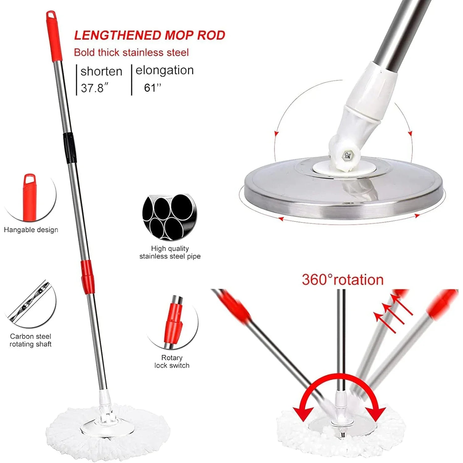 3 Models Spin Mop Bucket Set with Stainless Steel Basket, 61" Extendable Handle & 3 Microfiber Mop Heads, All Floor Cleaner