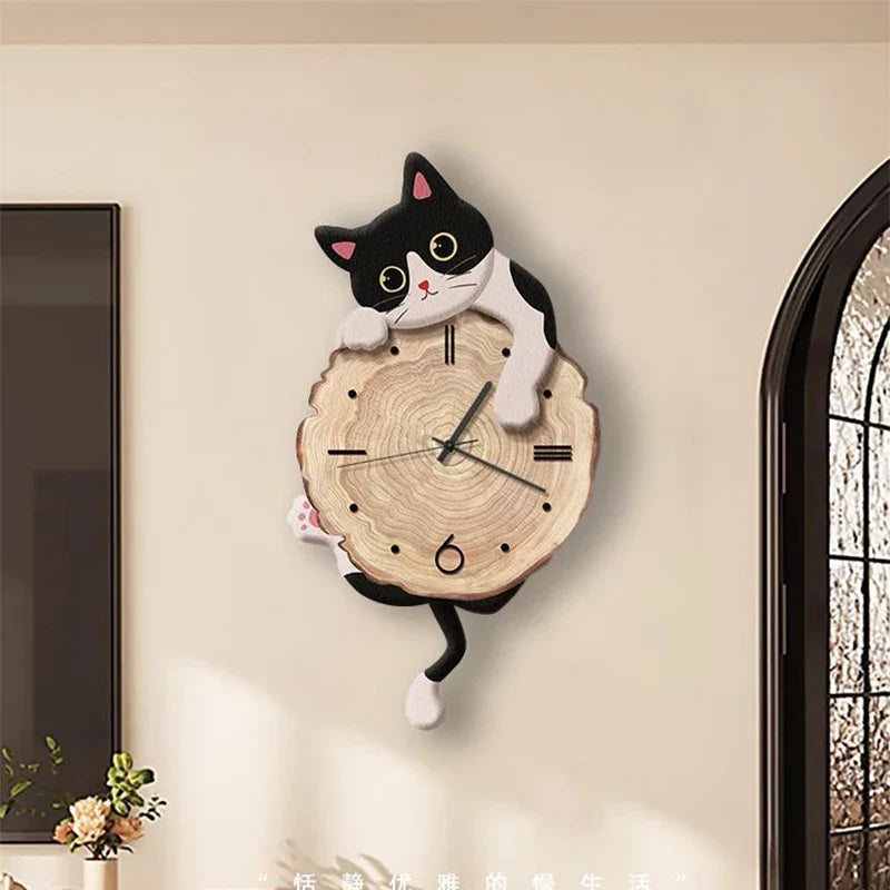 Cartoon Cat Wall Clock Creative Cat Tail Swing Wall Clock Quartz Mute Wall Clock Home Decoration Living Room Bedroom Decoration
