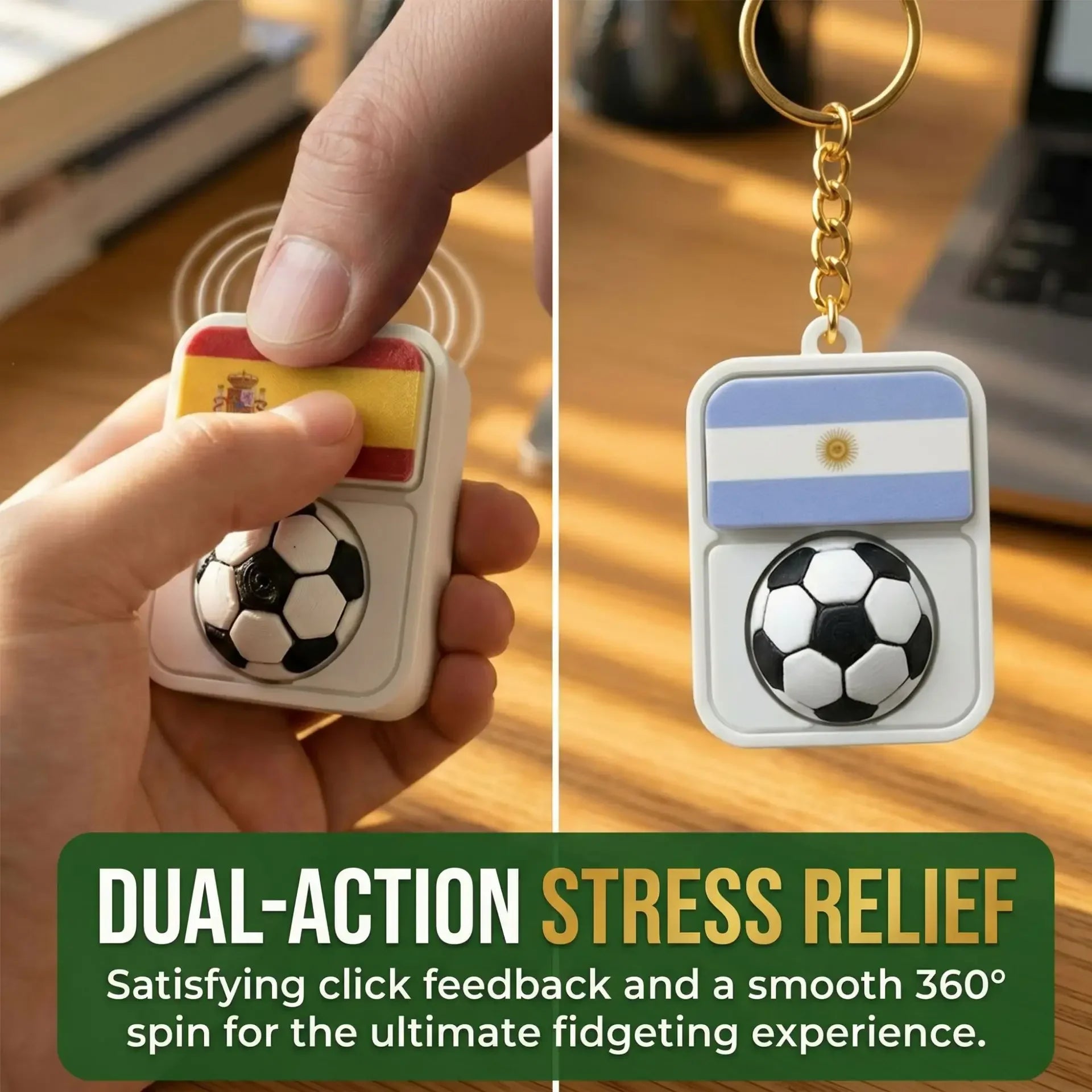 Spinning Soccer Clicker Keychain with Flag Pendant Stress Relief Fidget Toy for Fans Collectible Memorial Gift Boys Girls