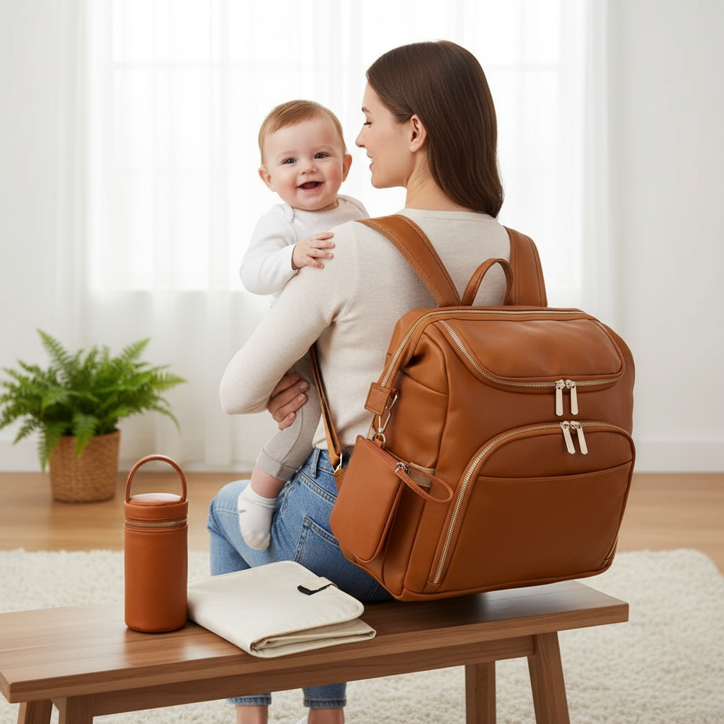 Premium Extra Large Vegan Leather Diaper Bag Tote Backpack