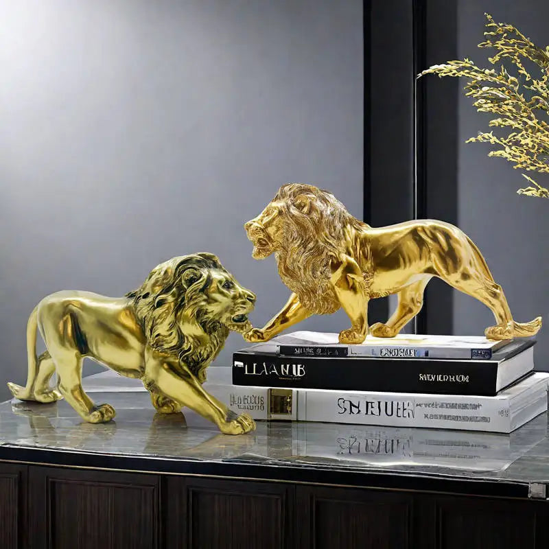 Resin Lion Golden Statue Table Art Decor Vintage Bronze Animal Figurine and Sculpture Craft Desk Home Decorations Nordic Style