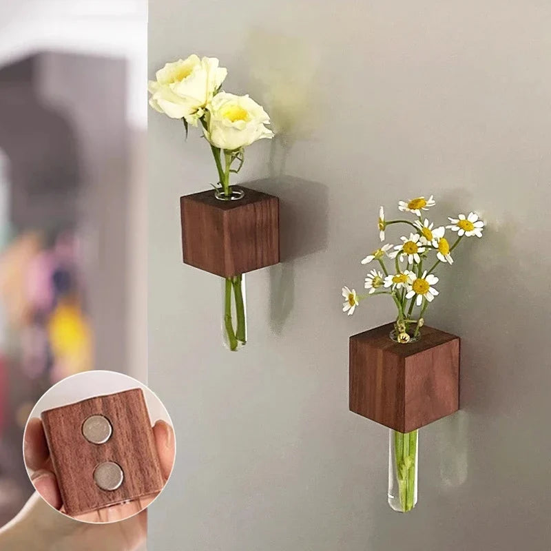 1/2pcs Wooden Magnetic Test Tube Vase Refrigerator Magnet DIY Flower Arrangement Simulation Flower Vase Home Kitchen Decoration