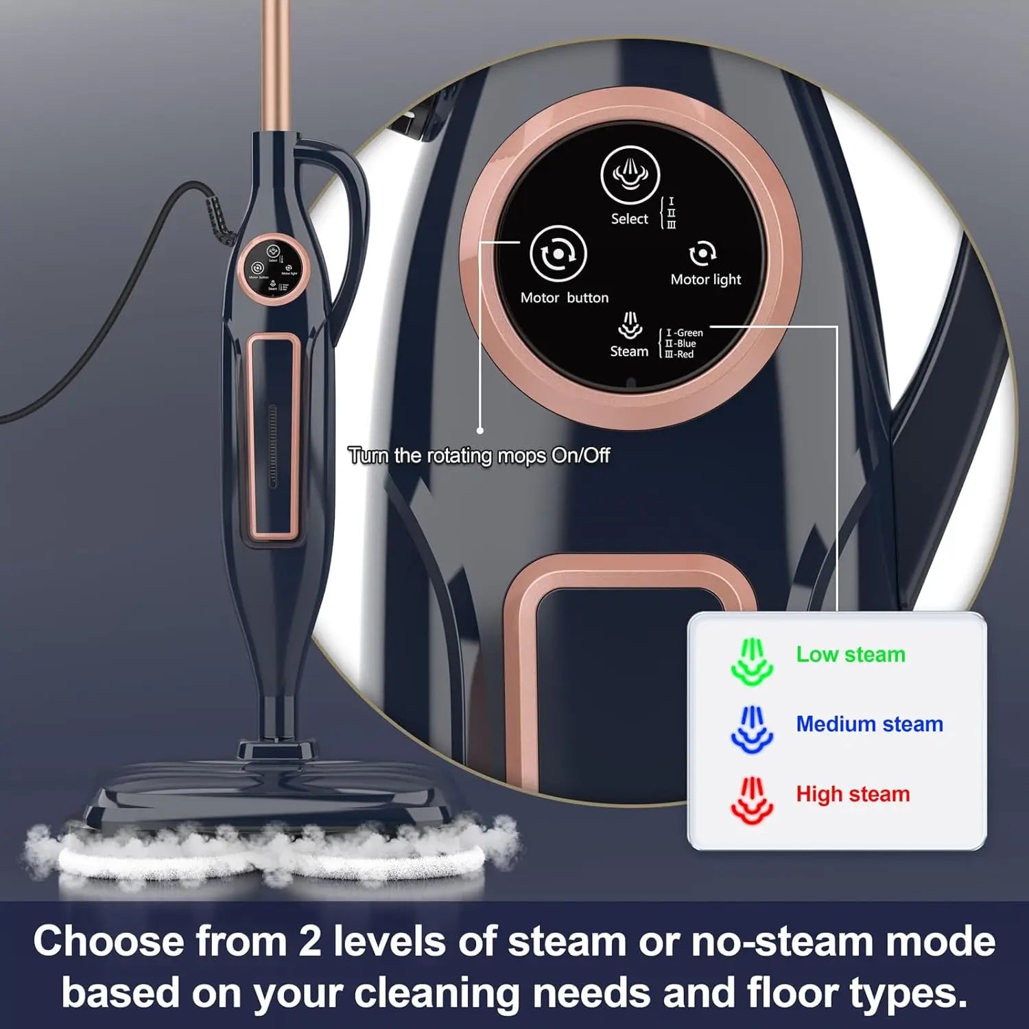 VM6 Steam Mop Cleaner with Rotating Mop Pads 1300W Powerful Floor Steamer 10 in 1 Lightweight Spin Mop High Temperature with Steam Blaster Technology LED Headlights for Home Hardwood Marble Floors