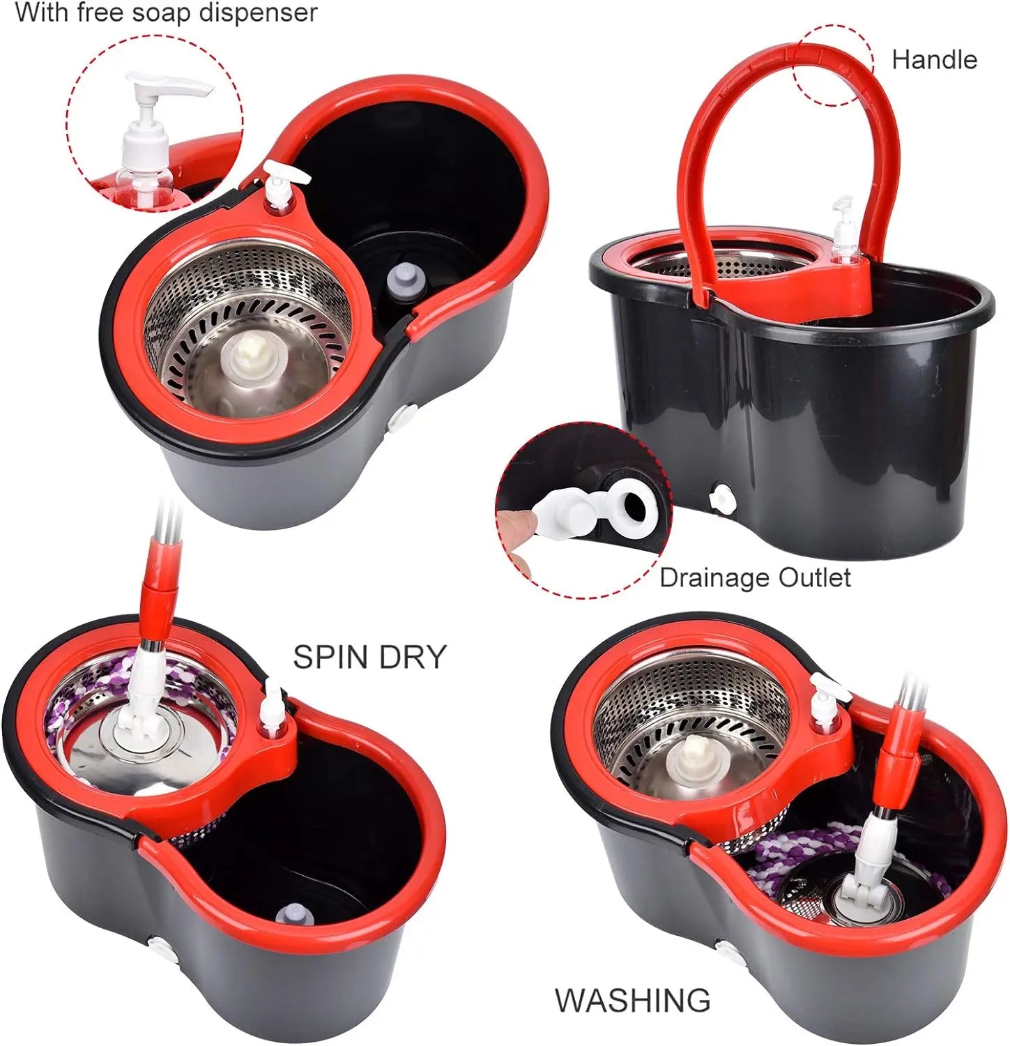 3 Models Spin Mop Bucket Set with Stainless Steel Basket, 61" Extendable Handle & 3 Microfiber Mop Heads, All Floor Cleaner