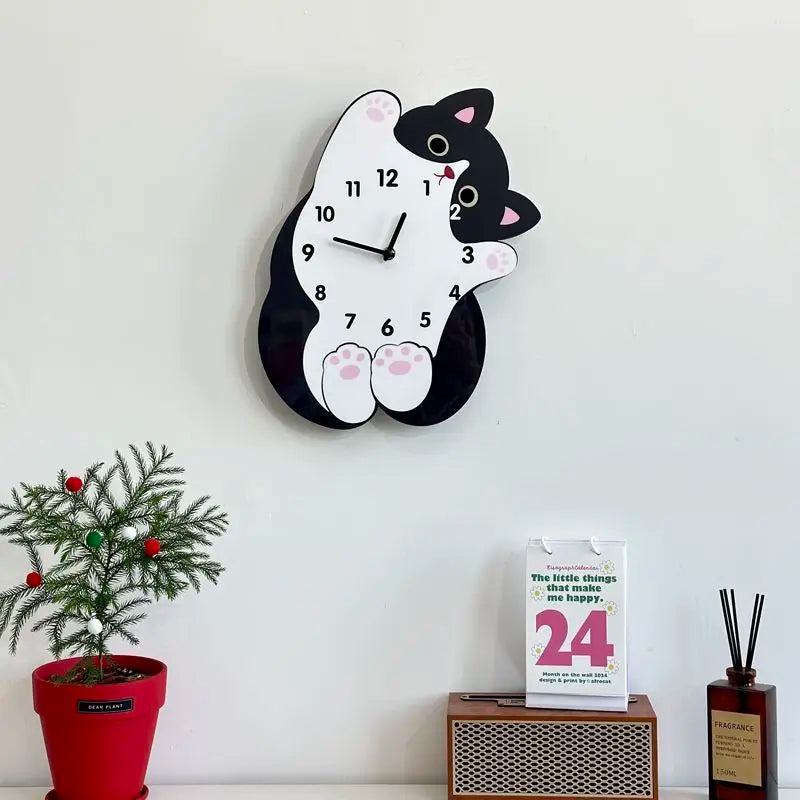 Cute Cat Tail Swaying Wall Clock Cartoon Silent Clock, Home Decoration Living Room Creative Clock Hanging on The Wall