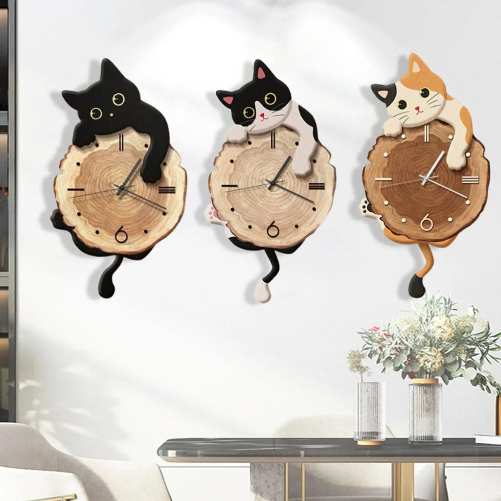 Cat Wall Clock Animal with Swinging Tail Cute Pendulum Decorative Clock for Kitchen Bedroom Dining Room Living Room Indoor