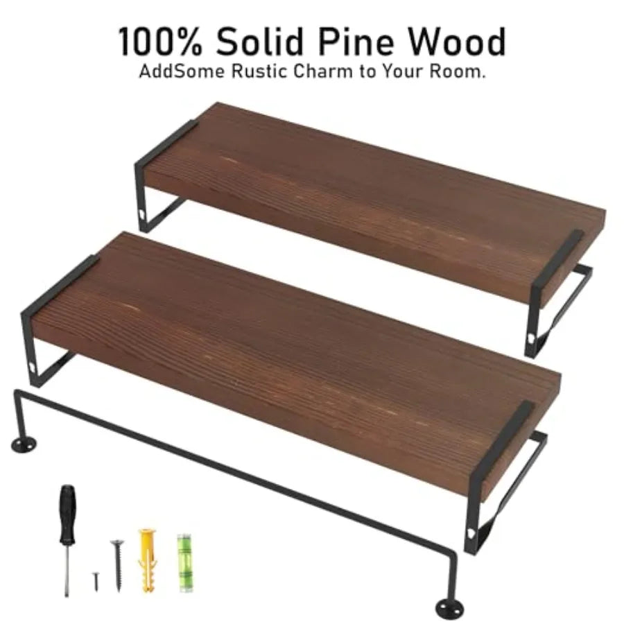 Wood Floating Shelves Wall Mounted - 2+1 Tier Rustic Bathroom Wall Shelves Over Toilet with Towel Bar, Set of 2 Farmhouse Float